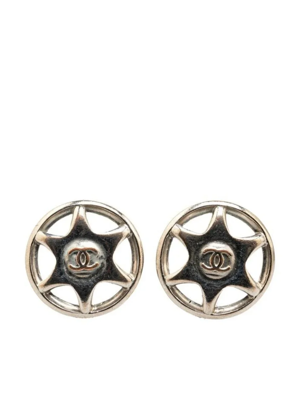 Chanel CC Logo Earrings Silver Metal